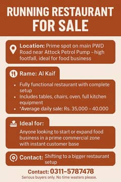 Running Restaurant For Sale – Main PWD Road, Islamabad