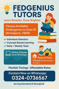 FedGenius Tutors – Home & Online Tuition (KG to Class 10 – FBISE)