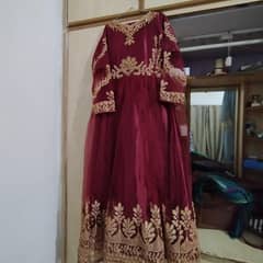 maroon wedding wear frock 3 piece with golden patch work