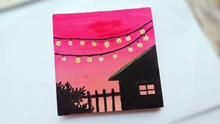 Sunset Cottage Silhouette Painting | Handmade Canvas Art | 8x8 inch