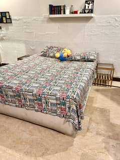 White tufted queen size bed with a deco painted chester and standing