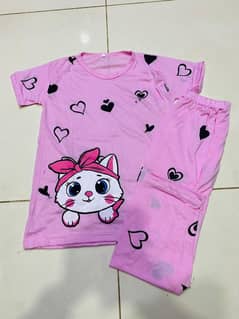 2 Pcs girls Stitched Cotton Jersey printed Night Suit