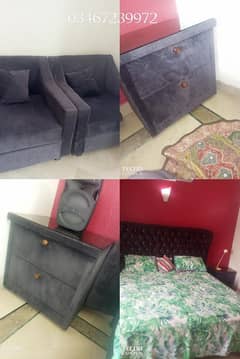 a king size bed with side table and  2 sofas