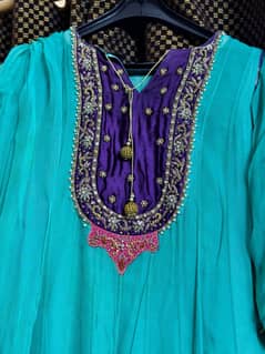 Fancy Embroidered Frock - Skyblue and Shocking Pink