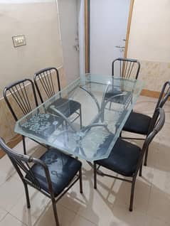 Glass Dining Table with 6 chairs Iron Rod style