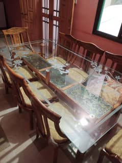 8 SEATER SOLID WOODEN DINING TABLE WITH GLASS TOP