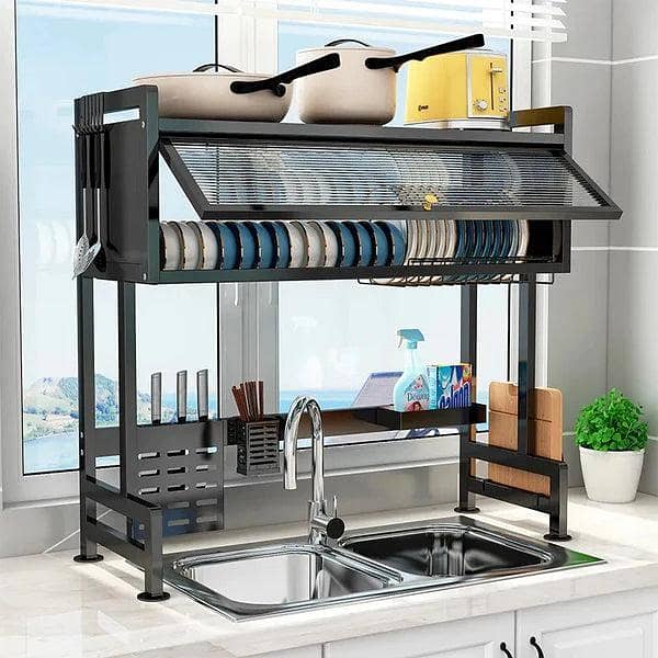 Black Over The Sink Dish Drying Rack and Kitchen Counter Organizer with Double Layer for Fruits and Vegetables