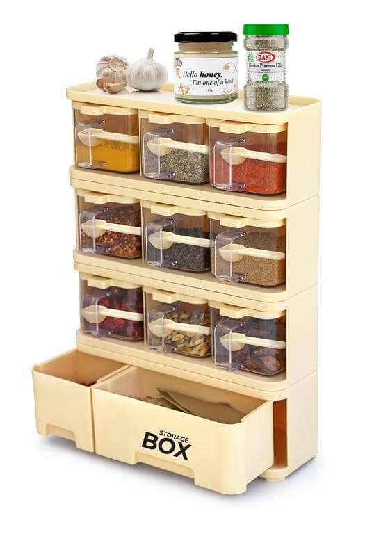 Condiment and Spice Storage Box with 9 Jars and Spoons - 125gm - Kitchen Spice Rack, Plastic Masala Box Set