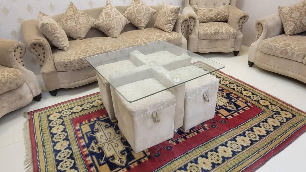 7 seater sofa with table and 4 stools 7
