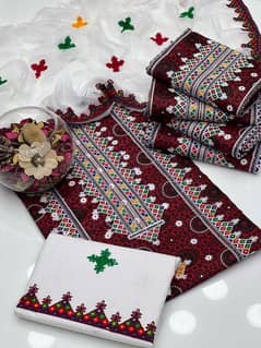 3 pcs woman unstitched cotton Embroidered suit