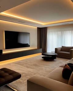 Living room design,media wall,false ceiling،imported panel,astroturf,
