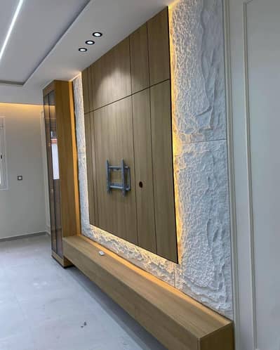 Living room design,media wall,false ceiling،imported panel,astroturf,