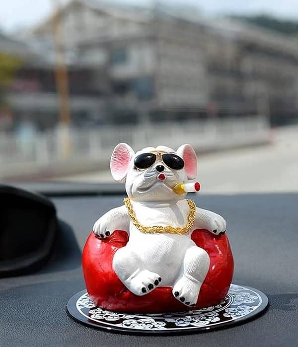 Universal Cool Dog Resin Statue - Car Interior Accessory Smoking Cigar with Gold Necklace (White) - 1 Piece