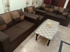 Brown and Tan 5- Seater Sofa Set with Glass Coffee- Table