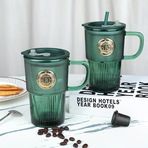 Dark Green 400ml Tumbler with Airtight Lid and Straw, Travel Coffee Mug with Handle for Juices, Cocktails, Iced Tea, and Cold or Hot Drinks (Single Unit)