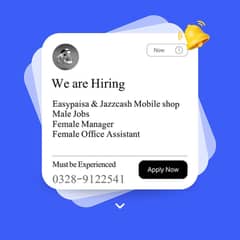 Easypaisa & JAZZCASH mobile shop male Staff- Female Manager-Office job