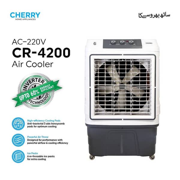 Cherry Air Cooler CR-4200 , AC-220V High Throw, Large Size Super Plus Fast Cool , 90 Liters , Auto Swing and Turbo Cooling Technology , 4 Way Movable , Ice Box Technology , 1 Year Warranty