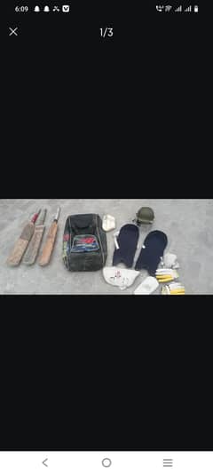کرکٹ بیٹنگ کا تمام سامان بیگ ہیلمٹ بیٹس اینڈ گلوز پیڈ سب کچھ فار سیل