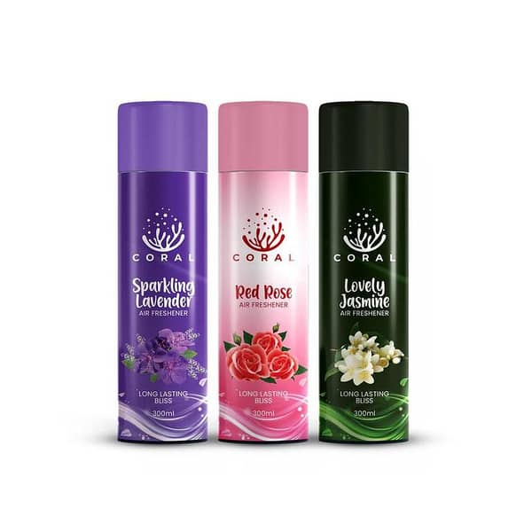 Coral 300ML Air Freshener Spray for Car, Home, Office - Set of 3 in Lavender, Red Rose, Jasmine
