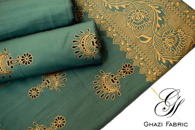Ghazi Fabric Unstitched Linen 3-Piece Suit with Gold Print for Women in Cement Green (UK Series-345/8)