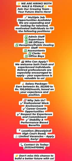 WE ARE HIRING MALE AND FEMALE STAFF FULL TIME AND PART TIME WORK