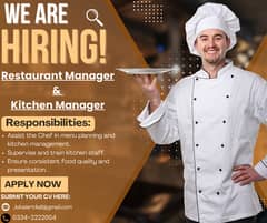Hiring for Resturant manager/ Kitchen Manager/ Job offer/ Job hiring/