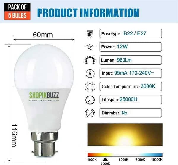 Pack of 5 LED BULB - 12W Super Bright E27/B22 Shopikbuzz| Shopikbuzz