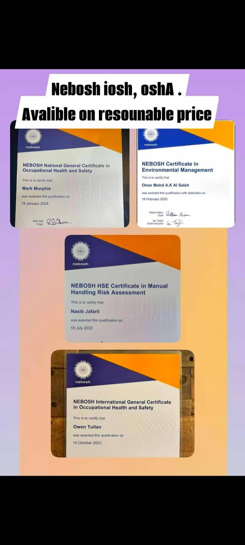 Nebosh ( same name)  iosh osha and scall based diploma avlble on low 1