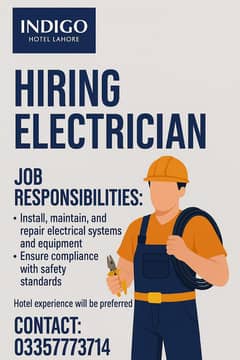 Electrician Ki Zarurat Hai - Indigo Hotel - الیکٹریشن کی ضرورت ہے