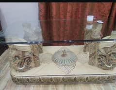glass table with deco painted designed wodden base contact:03217645932