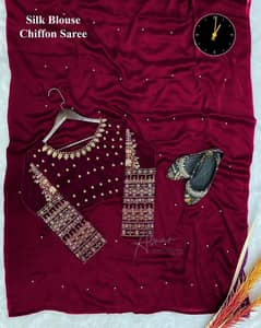 Stunning Maroon Embroidered Chiffon Stitched Saree - 3Pcs