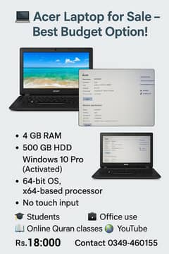 Acer laptop | 4G ram | window 10 pro | bast student & office  use