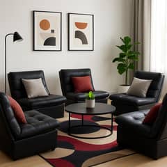Black Leather Floor Sofa Set – 3 Seater | Stylish & Comfortable