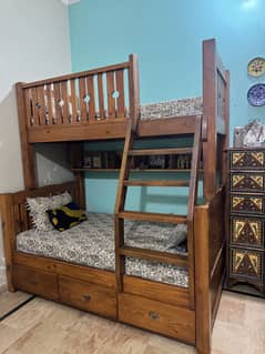 Bunk bed wooden with shelf and drawer with mattress