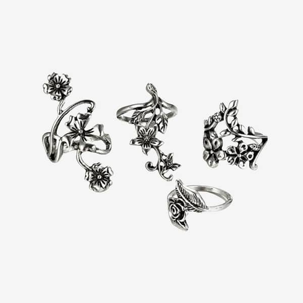 The Jewels Gallery Set of 4 Antique Silver Rings for Girls - Vintage Bohemia Floral Ring Collection