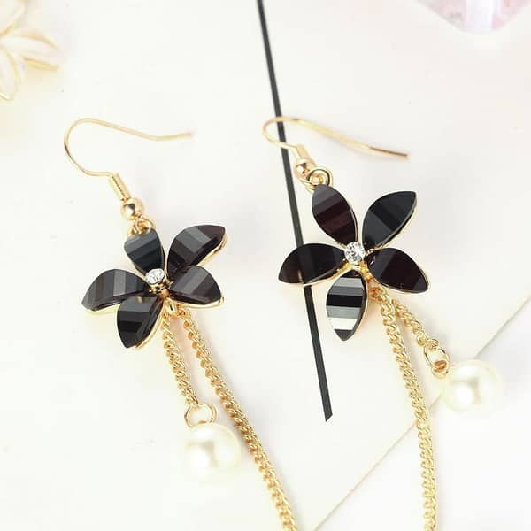 The Jewels Gallery Long Tassel Transparent Crystal Five-Petal Flower and Pearl Drop Earrings for Ladies