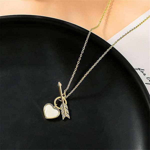 The Jewels Gallery Women's Heart Shaped Pendant Necklace with Golden Arrow Chain - Wedding Jewelry Gift for Women and Girls