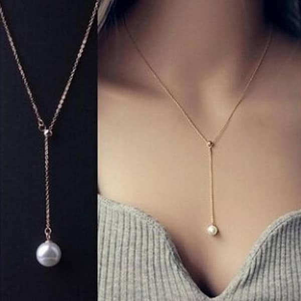 The Noor Gallery Women's Long Chain Pearl Drop Pendant Necklace - Gift Jewelry for Girls