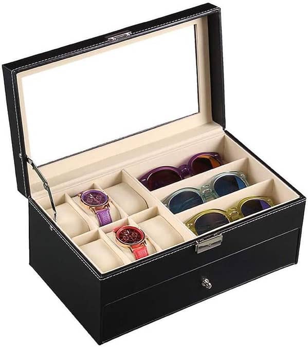 MyleCart Black 2-Layer Leather Organizer for Watches and Sunglasses with Lockable Drawer