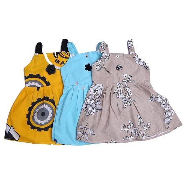 Pack of 3 Multicolor Baby Cotton Frocks with Floral Prints for Girls