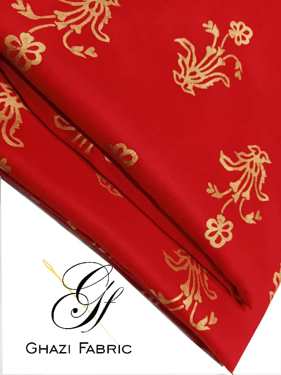 Ghazi Fabric Unstitched Linen 2-Piece Suit for Women - Gold Printed Red (UK Series-10345/8)
