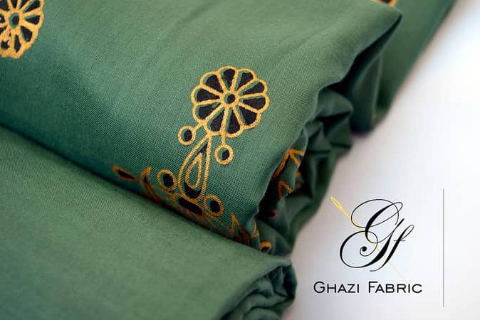 Ghazi Unstitched Linen 2-Piece Suit for Women in Cement Green with Gold Print (UK Series-2345/8)