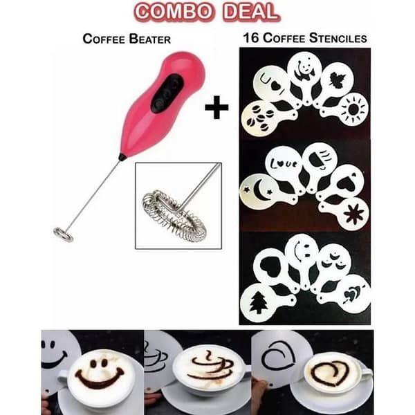 Handheld Coffee Beater with 16 Stencils for Coffee Decoration