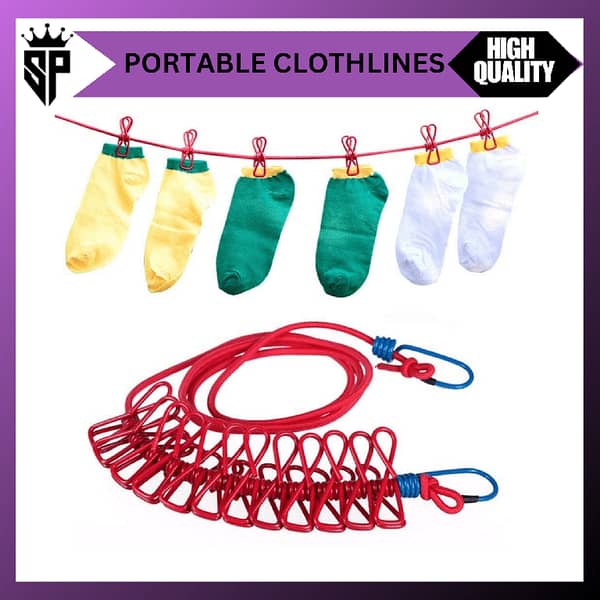 SP Dealz 12-Peg Portable Clothesline - Stretchy and Retractable Laundry Line for Travel, Backyard, and Hotels