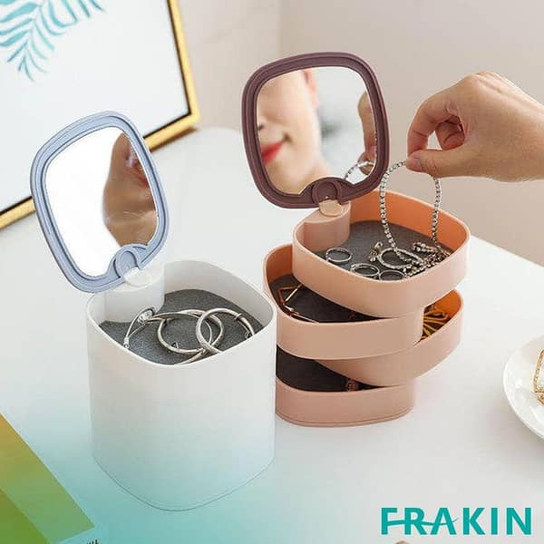 FRAKIN 360-Degree Rotating Jewelry Storage Box - 4 Layer Organizer for Necklaces, Bracelets, Rings, and Earrings with Mirror for Men and Women