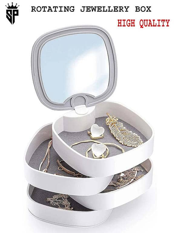 SP Dealz 4-Layer Plastic Rotating Jewelry Organizer Box with Mirror Lid for Earrings, Rings, Bracelets, and Lipsticks (Abs, Multicolor, 11.2 x 11.2 x 12.2 cm)