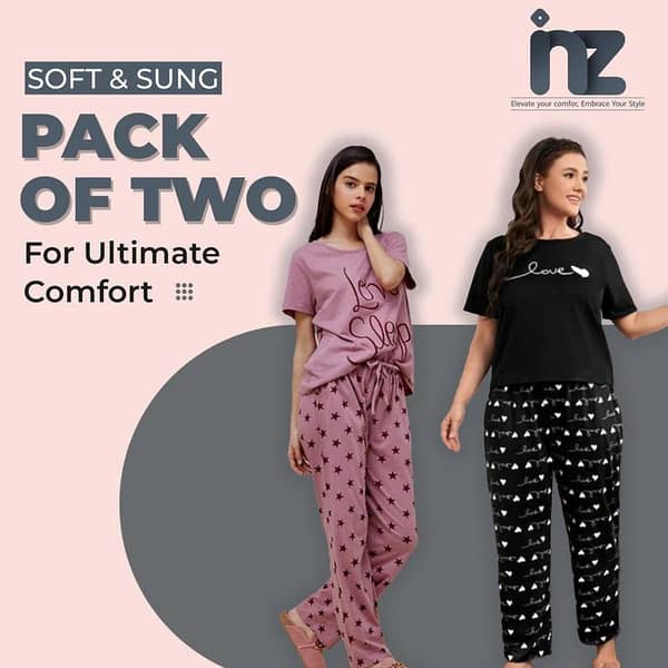 Women’s Pack of 2 Night Suits: Sleepwear Set with Pajama and Jersey Top for Comfortable Lounging and Sleeping