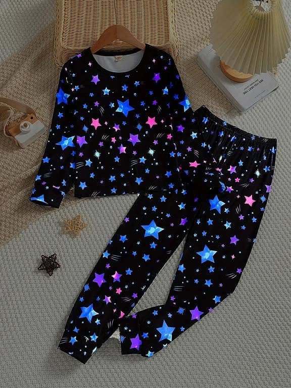 Galaxy Glow Star Print Pajama Set for Girls (Ages 3-10) – Soft Cotton Jersey T-Shirt and Trouser Nightwear for Summer