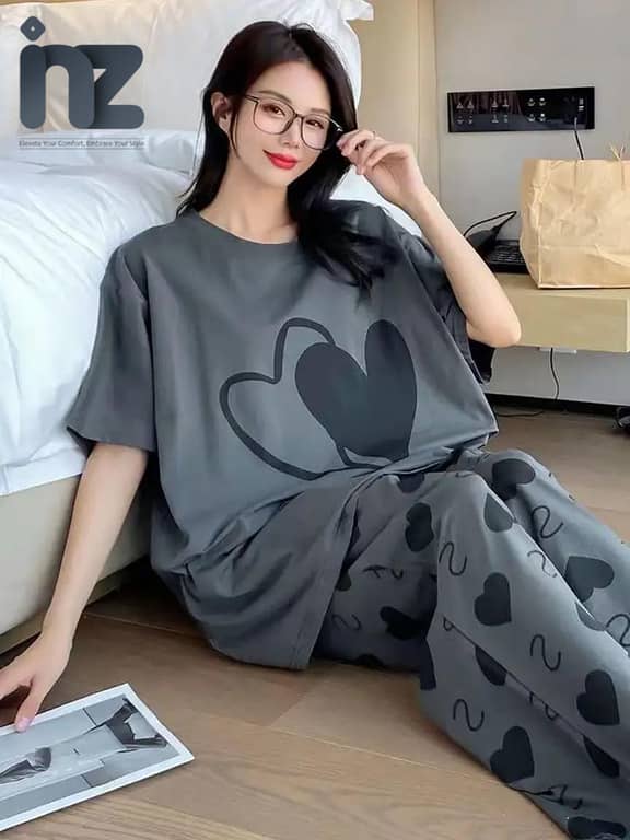 Women's and Girls' Night Suit Set - Sleepwear with Love Print Pajama and Half Sleeve Jersey T-Shirt