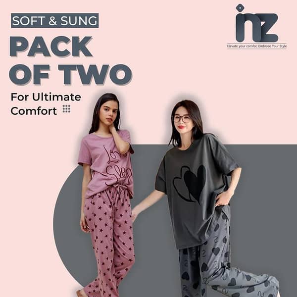 Women's Night Wear Set - Pack of 2 Love Print Pajama and Half Sleeve Jersey for Comfortable Sleeping and Lounging
